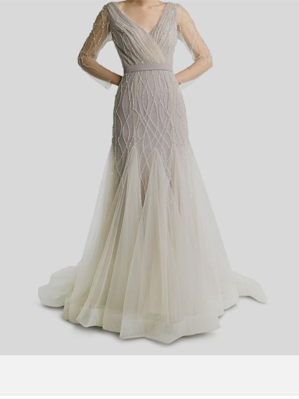 Taupe Beaded V-Back Long Sleeve Evening Gown